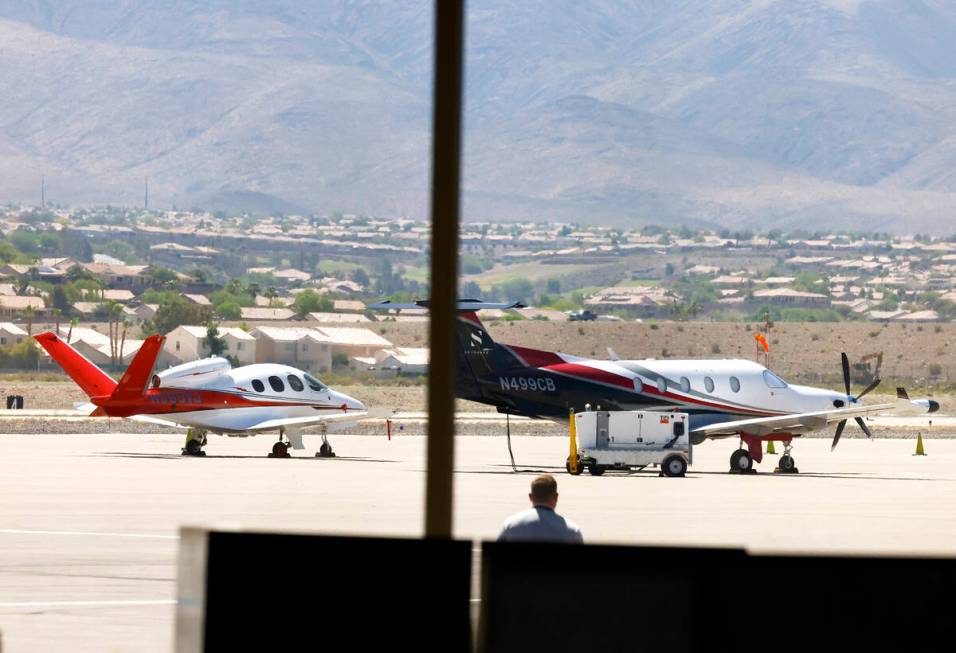 Private planes line the tarmac at Henderson Executive Airport, on Friday, May 31, 2024. (Bizuay ...