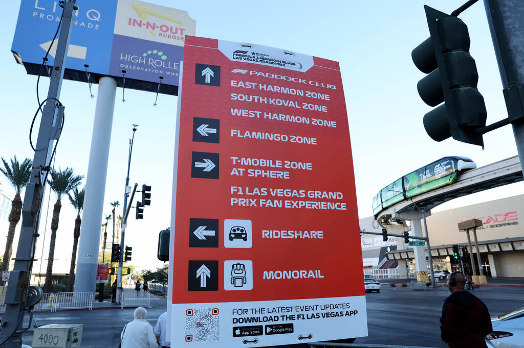 A Formula 1 Las Vegas Grand Prix sign is shown at the corner of Flamingo Road and Linq Lane in ...