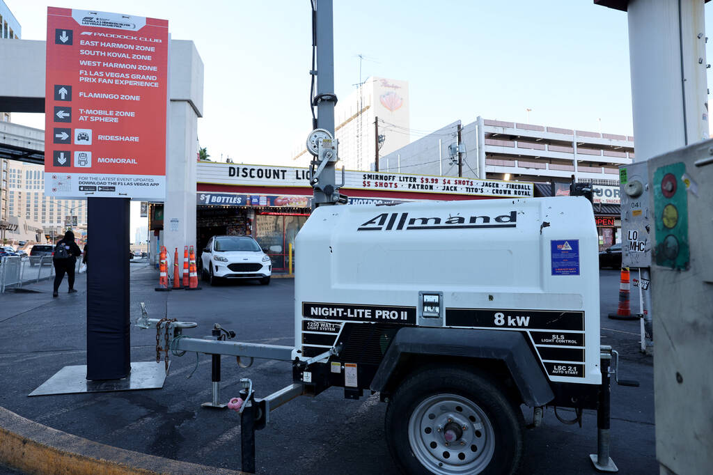 A Formula 1 Las Vegas Grand Prix sign and light trailer are shown at the corner of Flamingo Roa ...