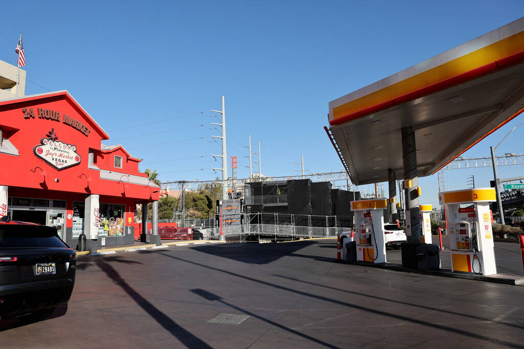 A Formula 1 Las Vegas Grand Prix pedestrian bridge and elevator are shown at Jay’s Marke ...