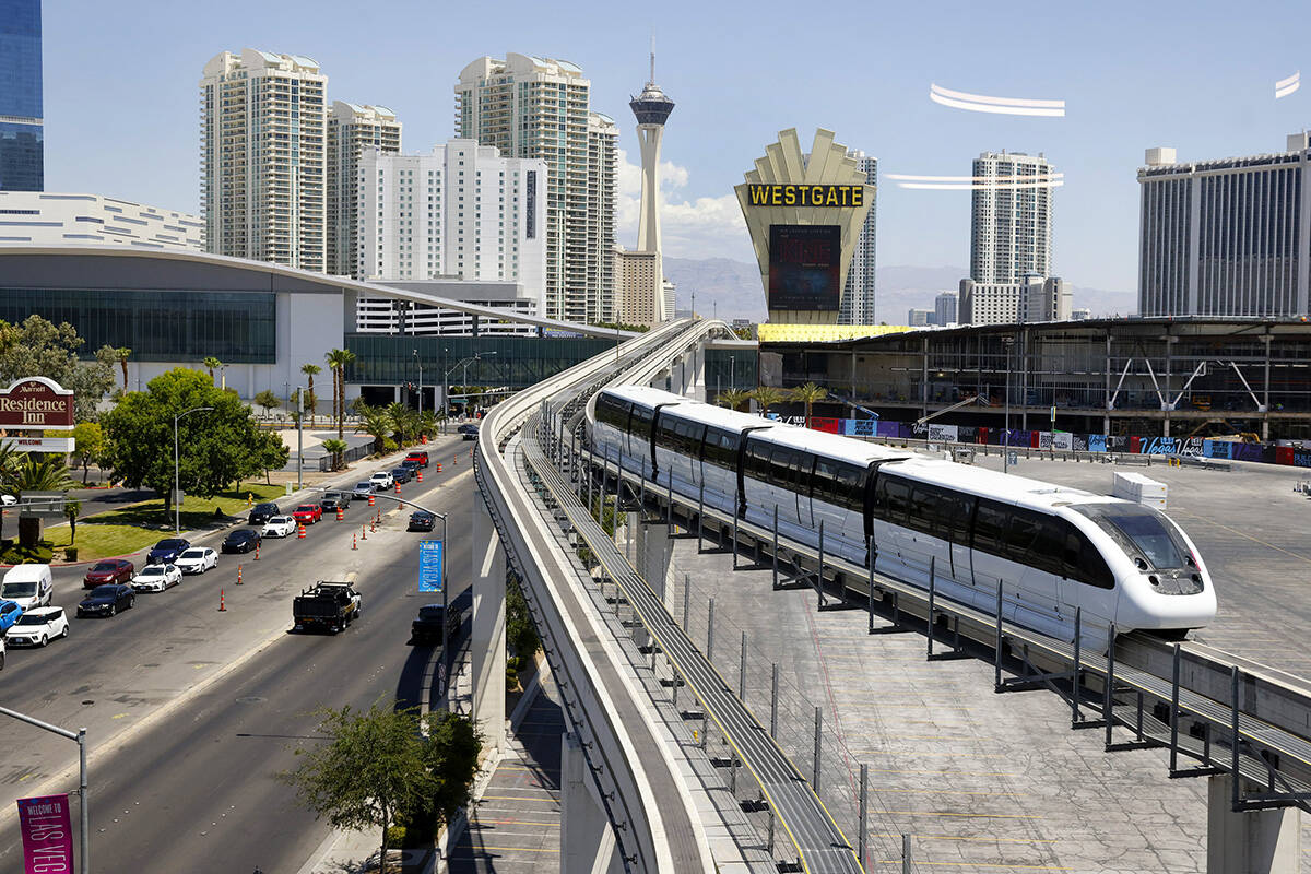 A monorail train departs from the Las Vegas Convention Center station, on Wednesday, June 26, 2 ...