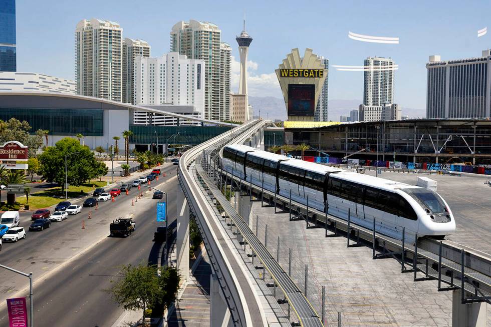 A monorail train departs from the Las Vegas Convention Center station, on Wednesday, June 26, 2 ...