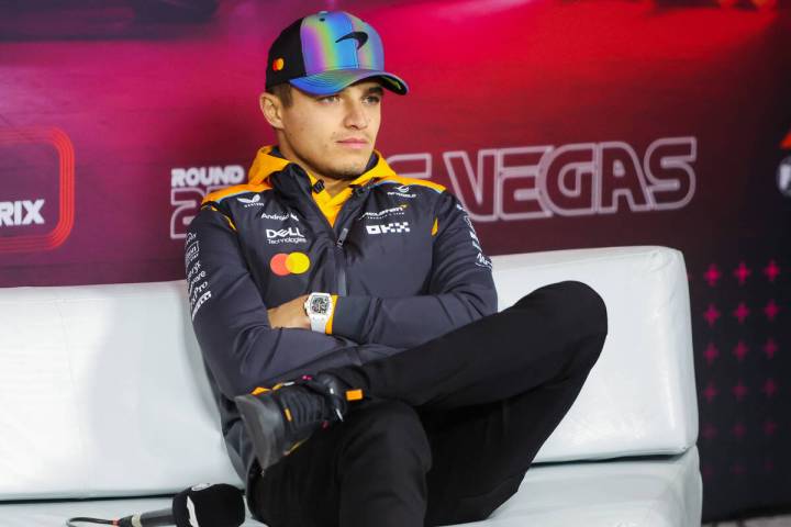 Formula 1 driver Lando Norris sits during a press conference at the Paddock Press Conference ro ...