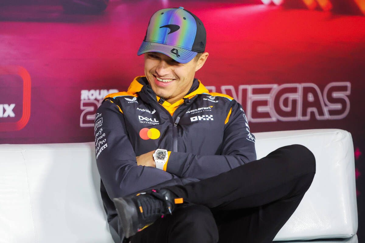 Formula 1 driver Lando Norris sits during a press conference at the Paddock Press Conference ro ...