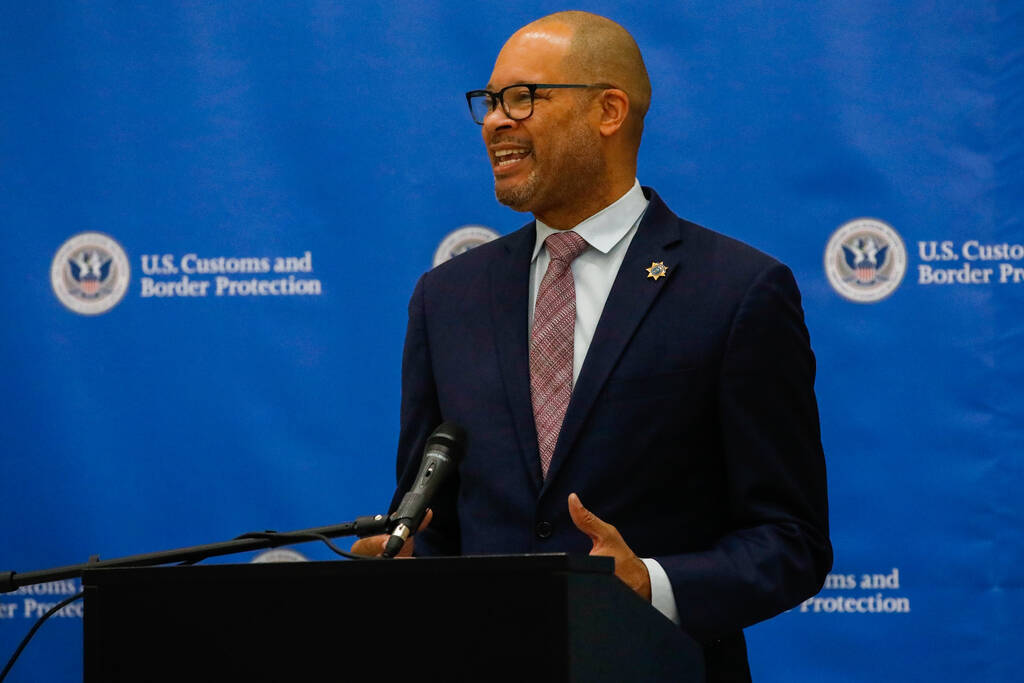 Nevada Attorney General Aaron Ford speaks during a Super Bowl 58 safety press conference at Har ...