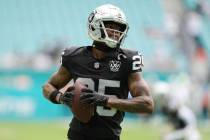 Las Vegas Raiders cornerback Decamerion Richardson (25) warms up before an NFL football game ag ...