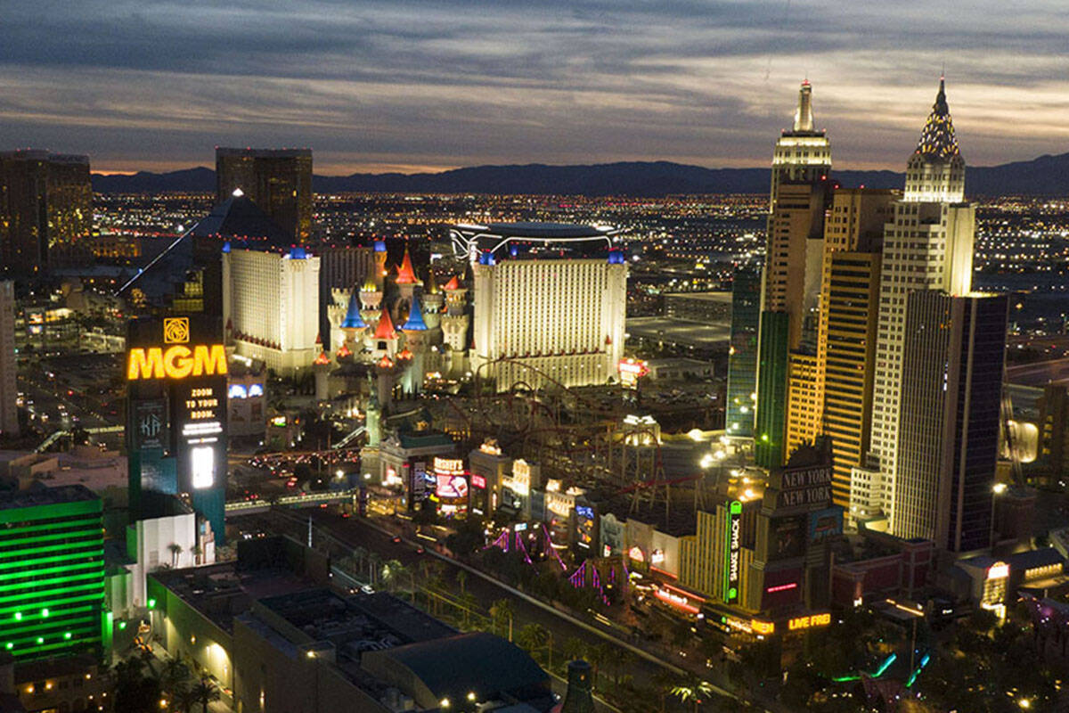 Aerial view of the south Las Vegas Strip at sunset on Wednesday, Jan. 12, 2022. (Michael Quine/ ...