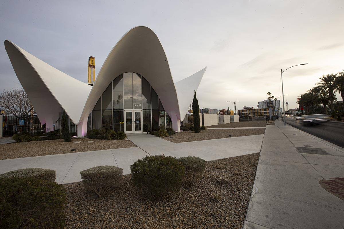 FILE - The exterior of the The Neon Museum, formerly the La Concha hotel lobby, in Las Vegas, o ...