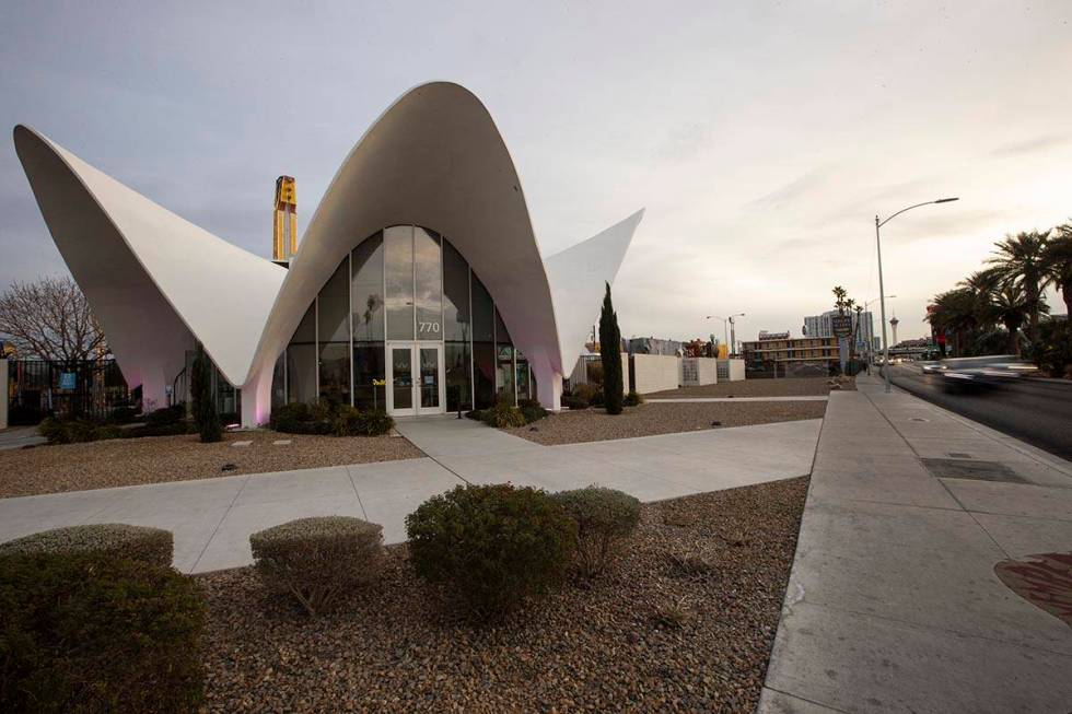 FILE - The exterior of the The Neon Museum, formerly the La Concha hotel lobby, in Las Vegas, o ...