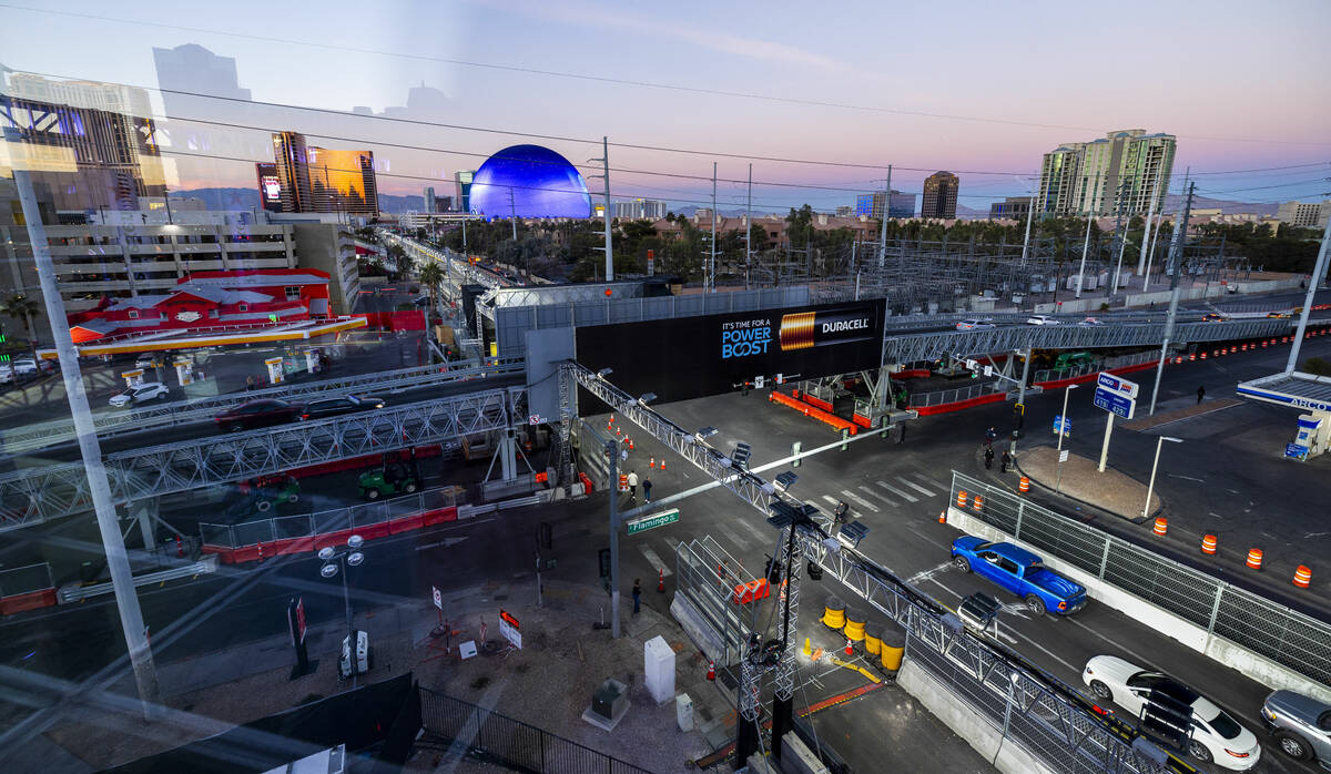 The view north up the track along Koval Lane and the Flamingo Road bridge along the track of th ...