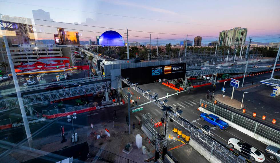 The view north up the track along Koval Lane and the Flamingo Road bridge along the track of th ...