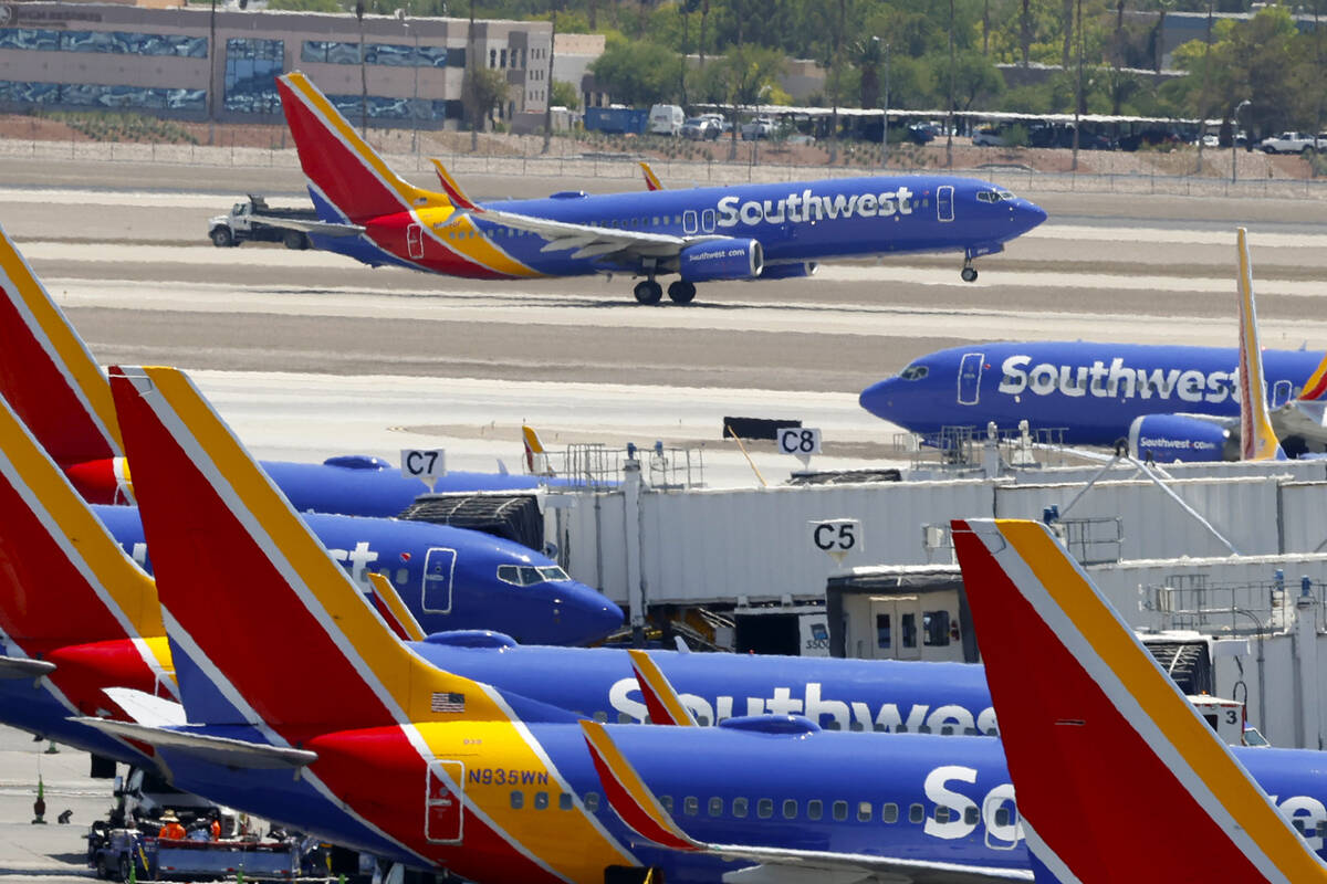 A Southwest Airlines jet takes off at Harry Reid International Airport, on Thursday, July 25, 2 ...