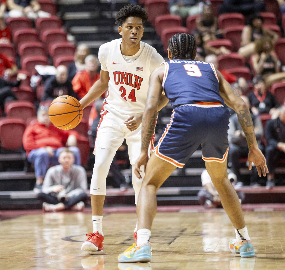 UNLV guard DeMarion Yap (24) competes during the college basketball game against the Pepperdine ...