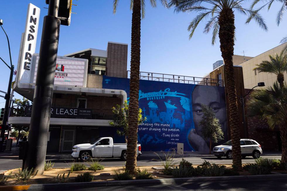 A commercial building with a mural of ex-Zappos CEO Tony Hsieh is seen along Las Vegas Boulevar ...