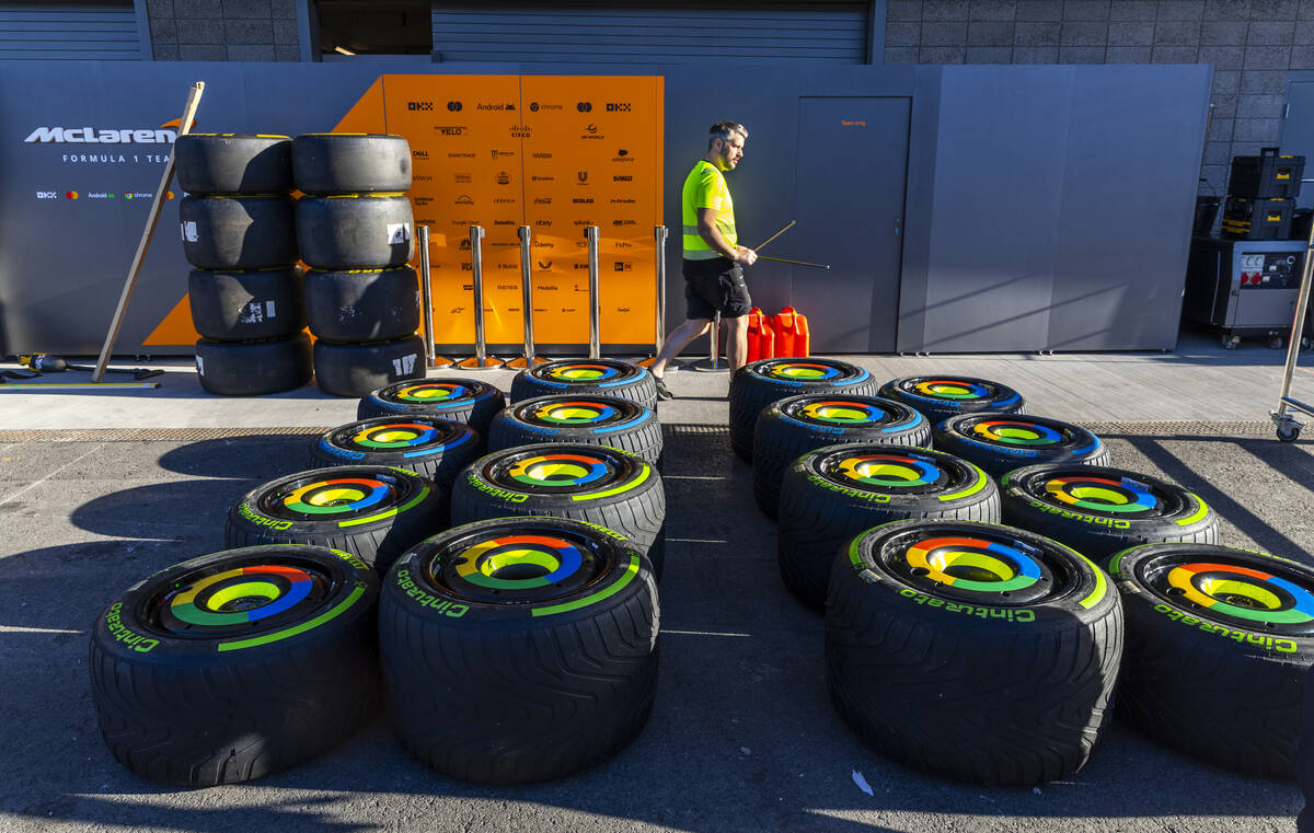 McLaren race car tires are assembled outside their garage at the Formula 1 Pit Building on Wed ...