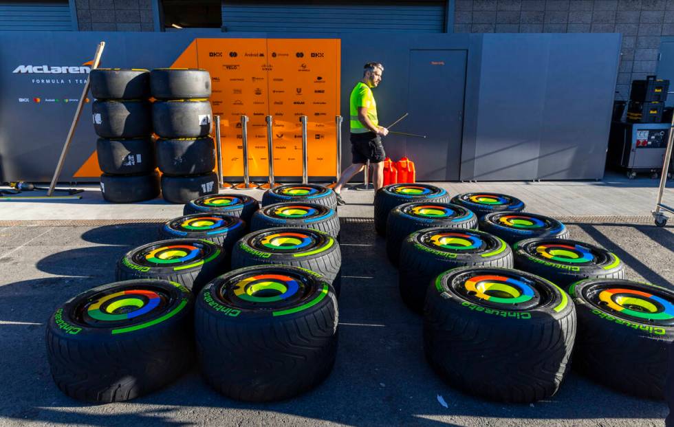 McLaren race car tires are assembled outside their garage at the Formula 1 Pit Building on Wed ...