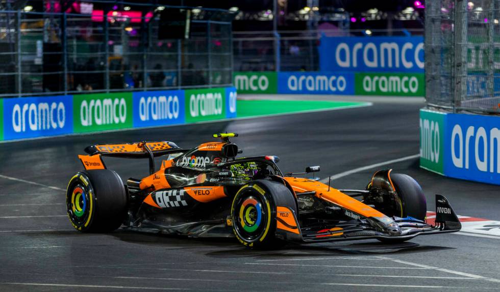 McLaren driver Lando Norris turns a corner at the Sphere during the first Formula One opening p ...