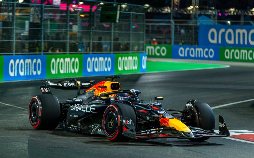 Red Bull driver Max Verstappen turns a corner at the Sphere during the first Formula One openin ...