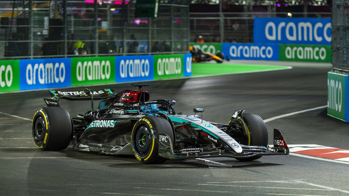 Mercedes driver George Russell turns a corner at the Sphere during the first Formula One openin ...