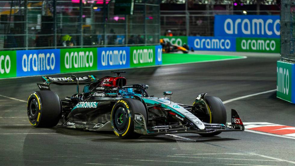 Mercedes driver George Russell turns a corner at the Sphere during the first Formula One openin ...