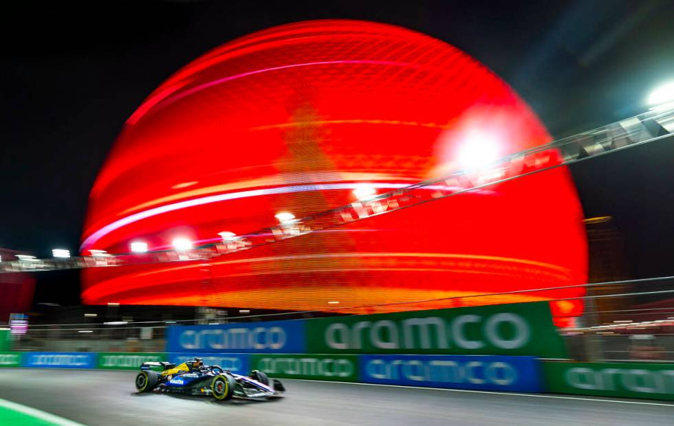 Williams driver Alex Albon turns a corner at the Sphere during the first Formula One opening pr ...