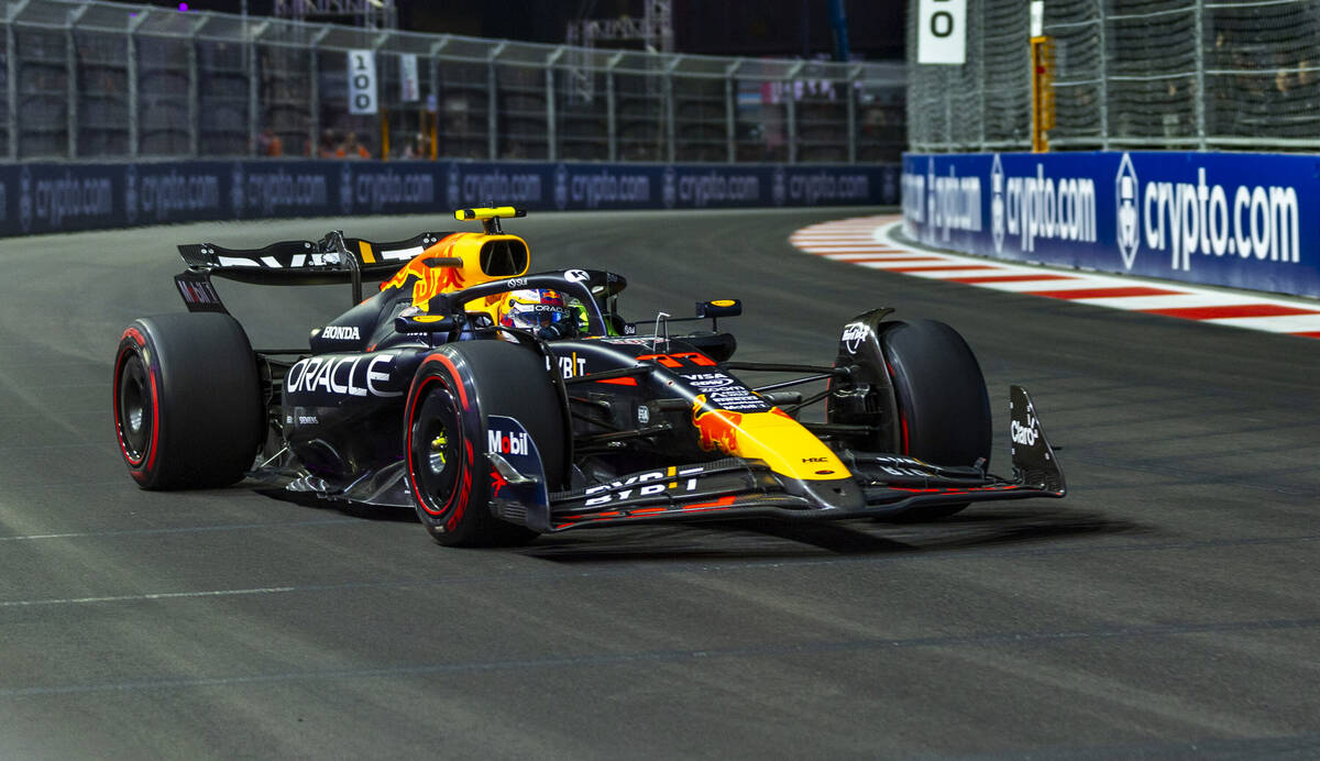 Red Bull driver Sergio Perez turns a corner at the Sphere during the first Formula One opening ...