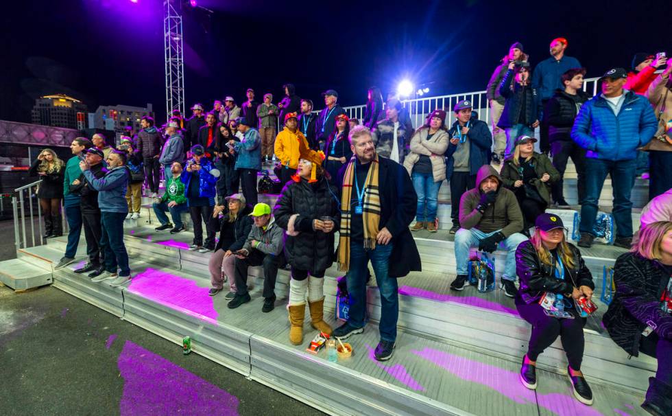 Fans watch from the stands about the Sphere during the Formula One opening practice session of ...