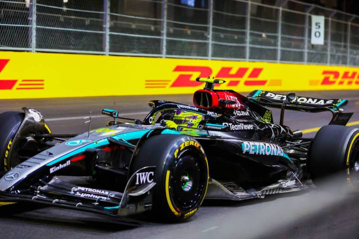 Formula 1 Mercedes driver Lewis Hamilton speeds down the circuit during the second practice ses ...