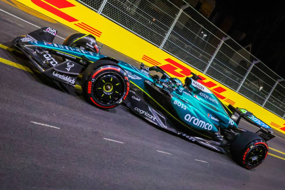 Formula 1 Aston Martin driver Lance Stroll speeds down the circuit during the second practice s ...