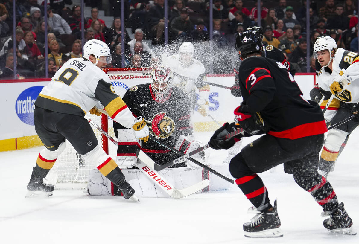 Ottawa Senators goaltender Linus Ullmark (35) makes a save against Vegas Golden Knights' Jack E ...