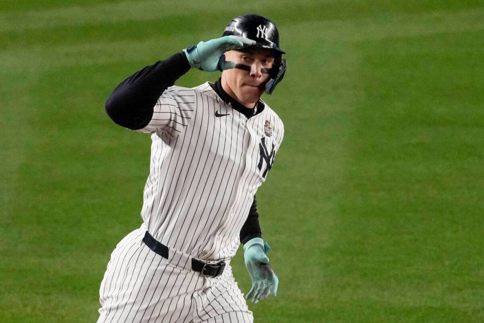 New York Yankees' Aaron Judge rounds the bases after a two-run home run against the Los Angeles ...