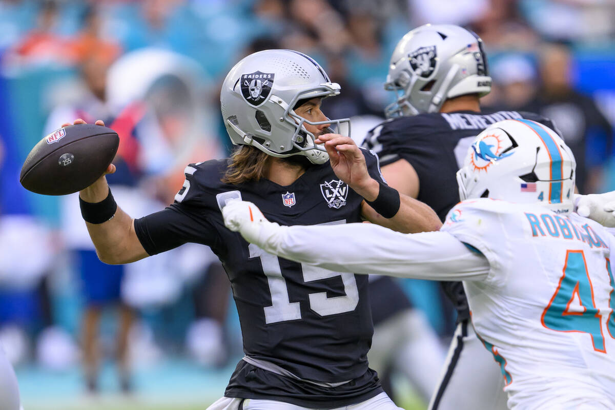 Las Vegas Raiders quarterback Gardner Minshew II (15) throws the ball under pressure from Miami ...