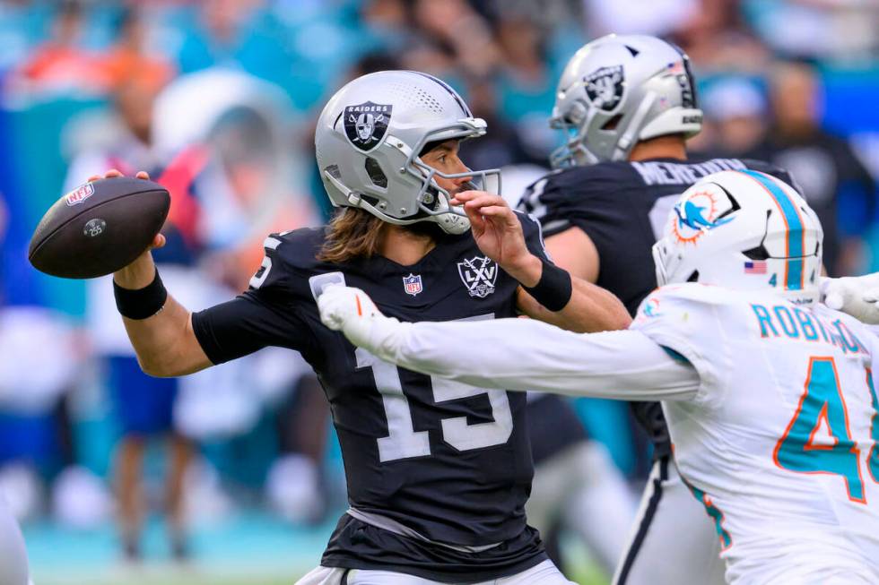 Las Vegas Raiders quarterback Gardner Minshew II (15) throws the ball under pressure from Miami ...