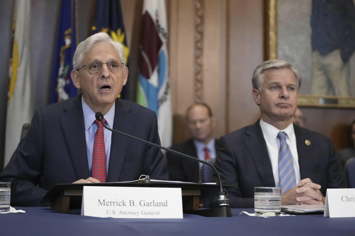 Attorney General Merrick Garland speaks during a meeting of the Justice Department's Election T ...