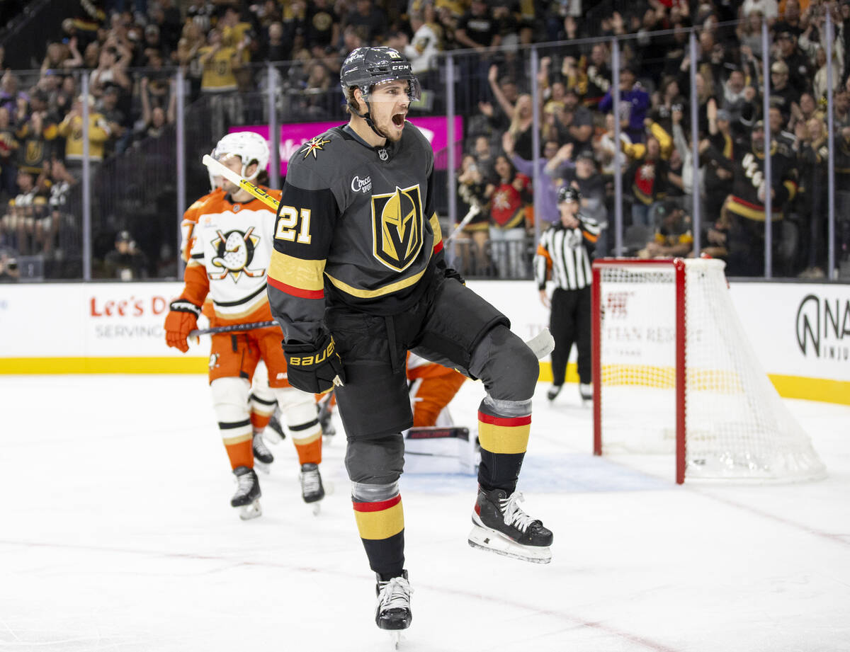 Golden Knights center Brett Howden (21) celebrates after scoring a goal during the first p ...