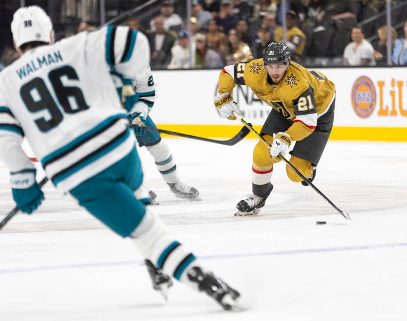 Golden Knights center Brett Howden (21) skates with the puck during the first period of the NHL ...