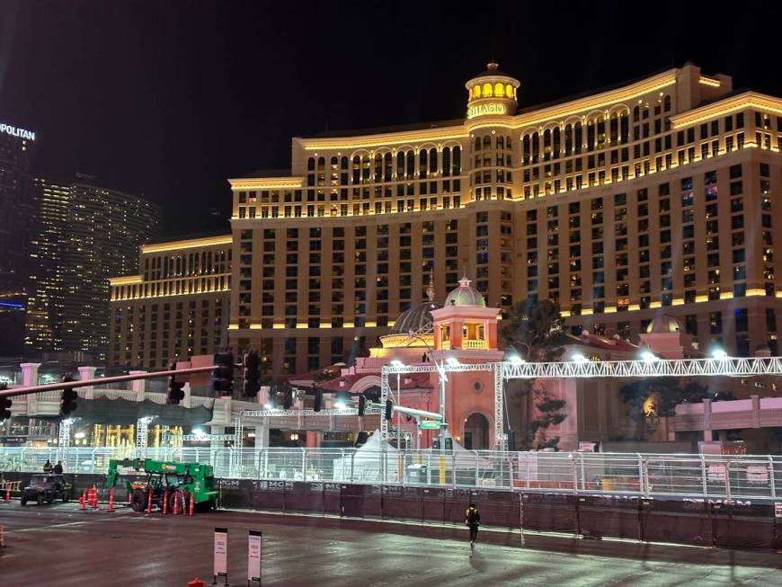 Bellagio and a portion of the front straightaway are shown during practice laps at F1 Las Vegas ...