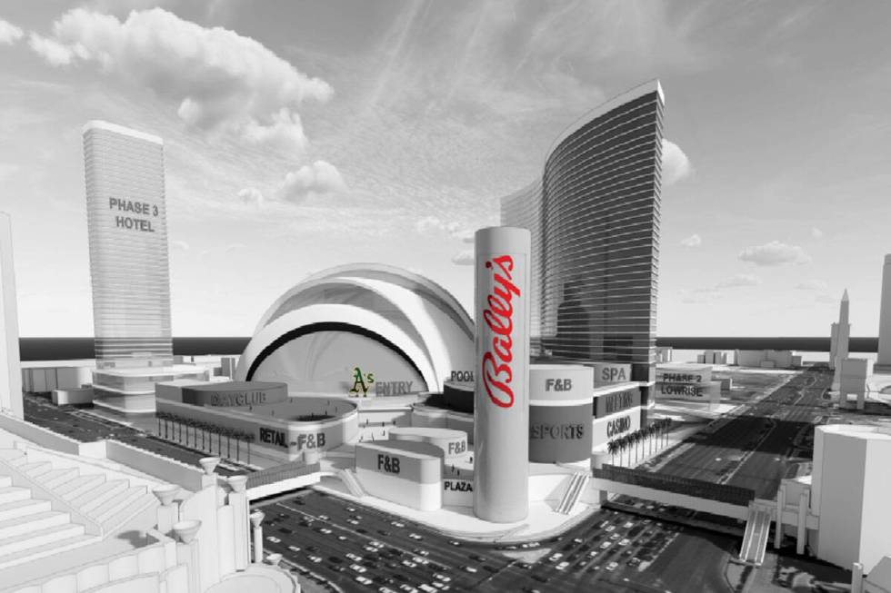 Renderings depict the planned layout of the Athletics' ballpark and Bally's Corp. resort to be ...