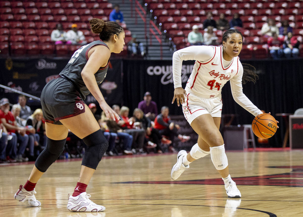 UNLV forward Alyssa Brown (44) competes during the college basketball game against the Oklahoma ...