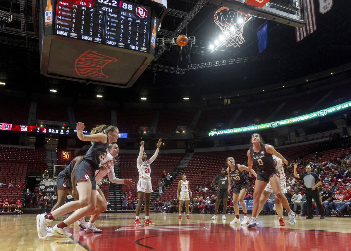 UNLV forward Macie James (20) shoots a free throw during the college basketball game against th ...