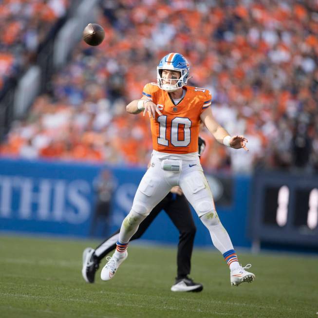 Denver Broncos quarterback Bo Nix (10) throws the football against the Raiders during the secon ...