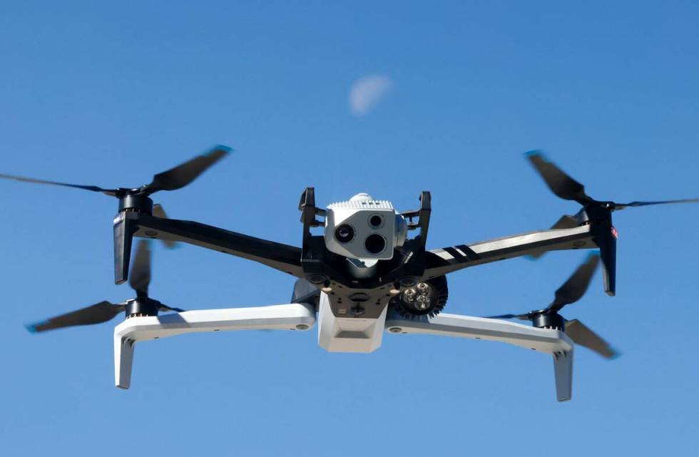 Skydio X10 drone flies over Metro Headquarters parking garage during a demonstration Wednesday, ...