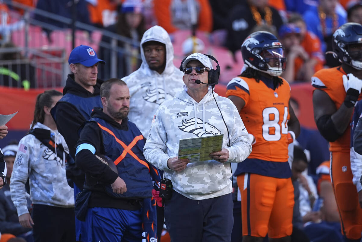 Denver Broncos head coach Sean Payton in the first half of an NFL football game Sunday, Nov. 17 ...