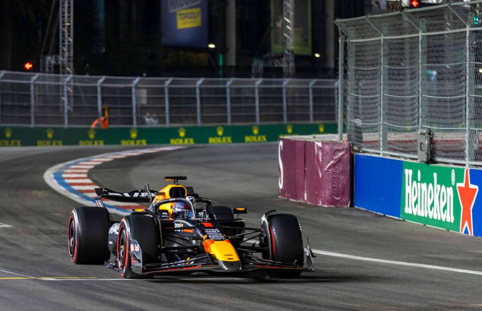 Red Bull Racing driver Max Verstappen turns onto the front straightaway during the third practi ...