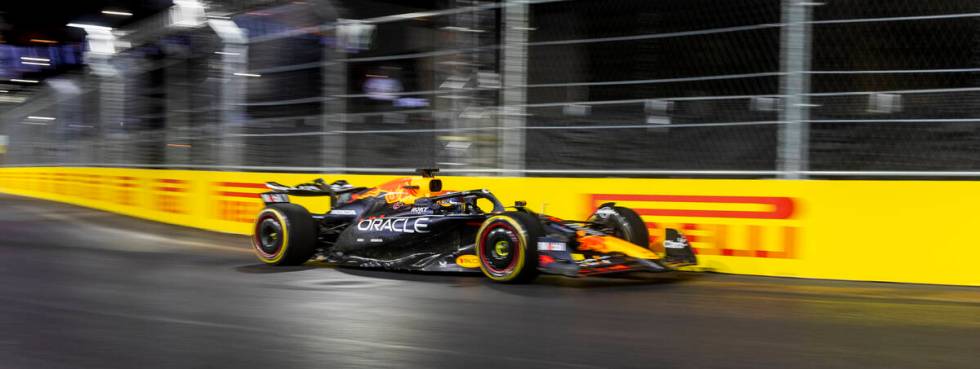 Red Bull Racing driver Max Verstappen turns along E. Harmon Avenue during the third practice ro ...