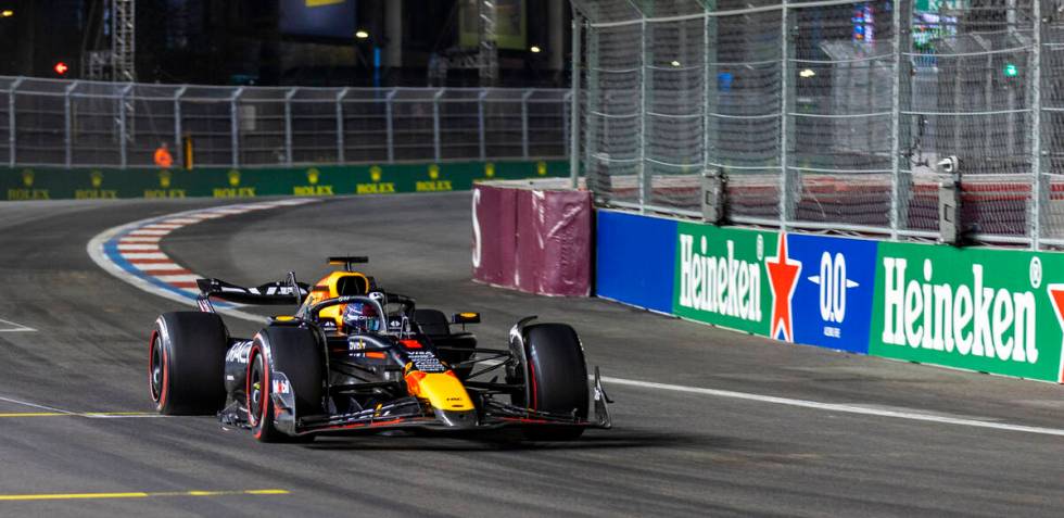 Red Bull Racing driver Max Verstappen turns onto the front straightaway during the third practi ...