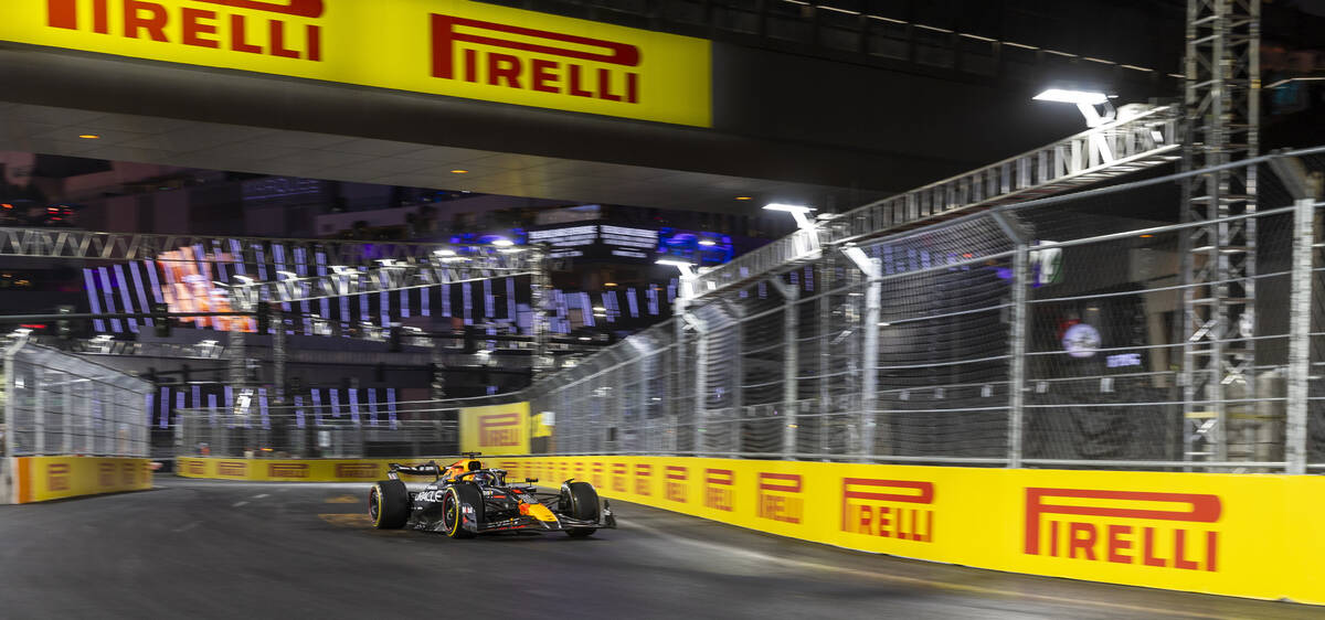 Red Bull Racing driver Max Verstappen turns along E. Harmon Avenue during the third practice ro ...