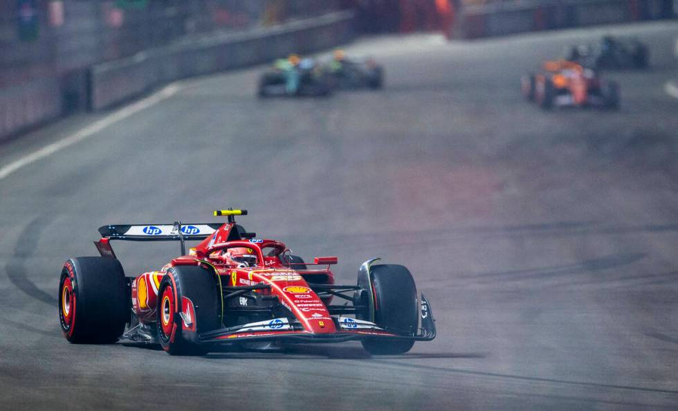 Ferrari driver Carlos Sainz turns corner one during the third practice round for the Formula 1 ...