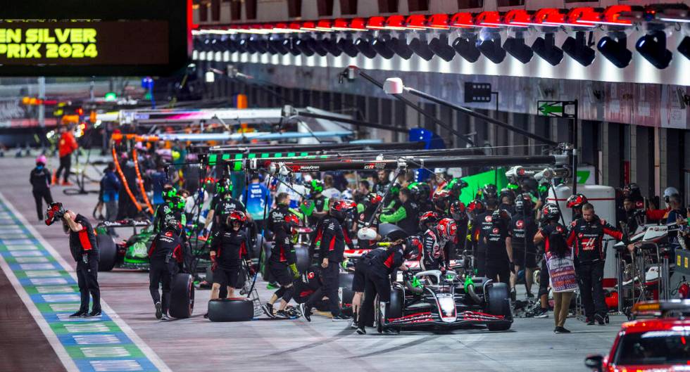 Cars park on pit row after the third practice round for the Formula 1 Las Vegas Grand Prix on F ...