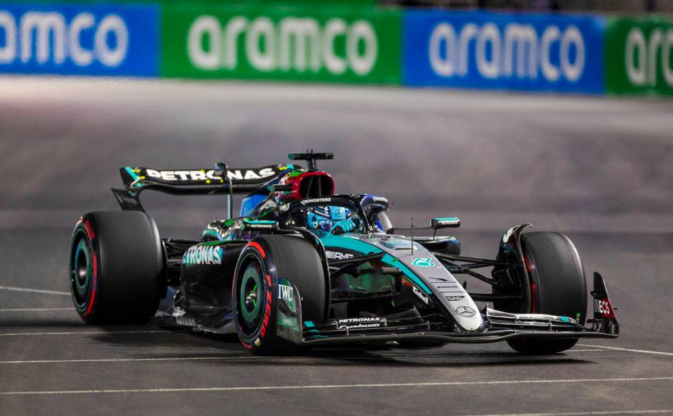 Mercedes driver George Russell on his way to the pole position during the qualifying round for ...